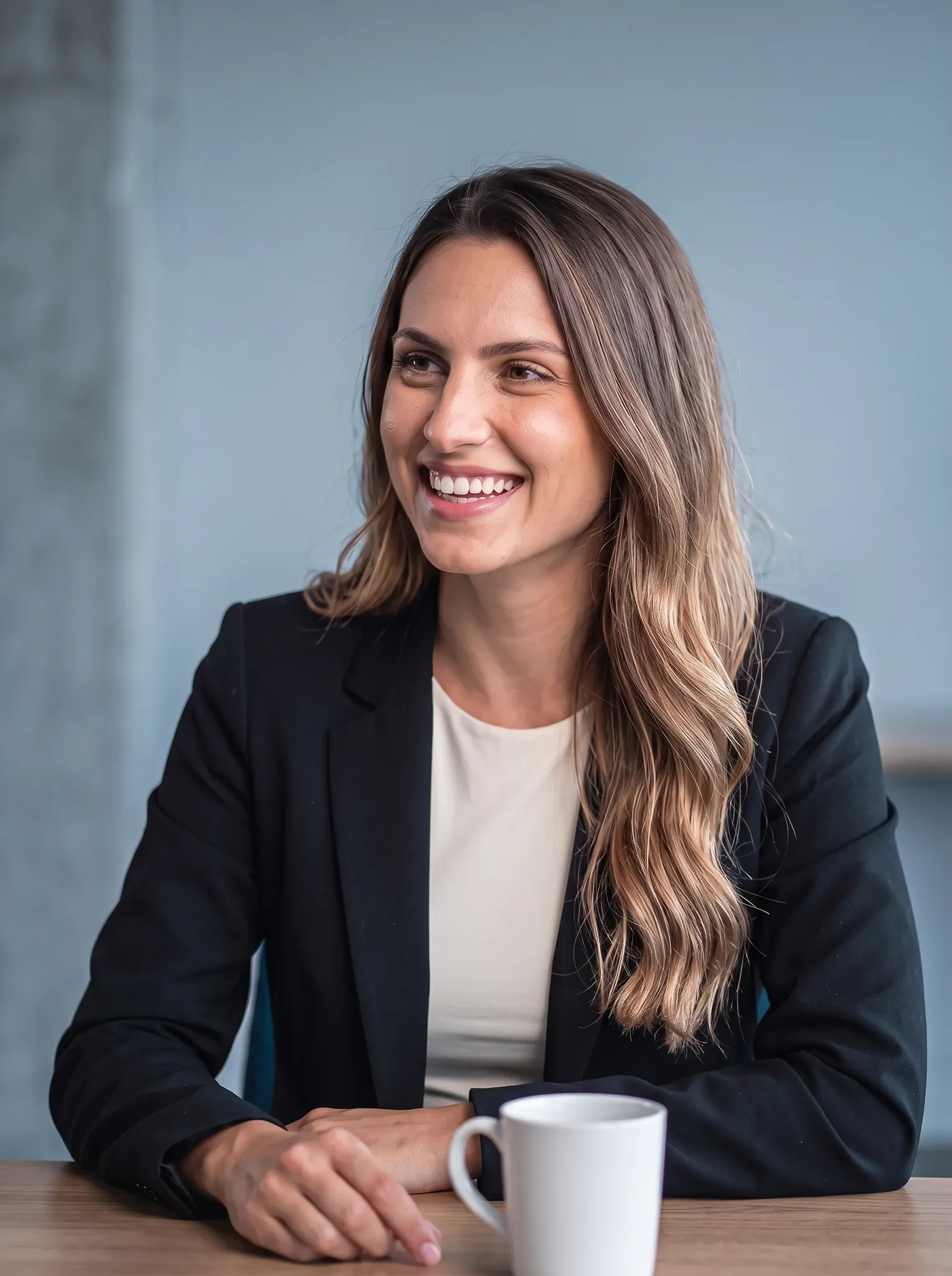 Business founder smiling toward an interviewer at a desk