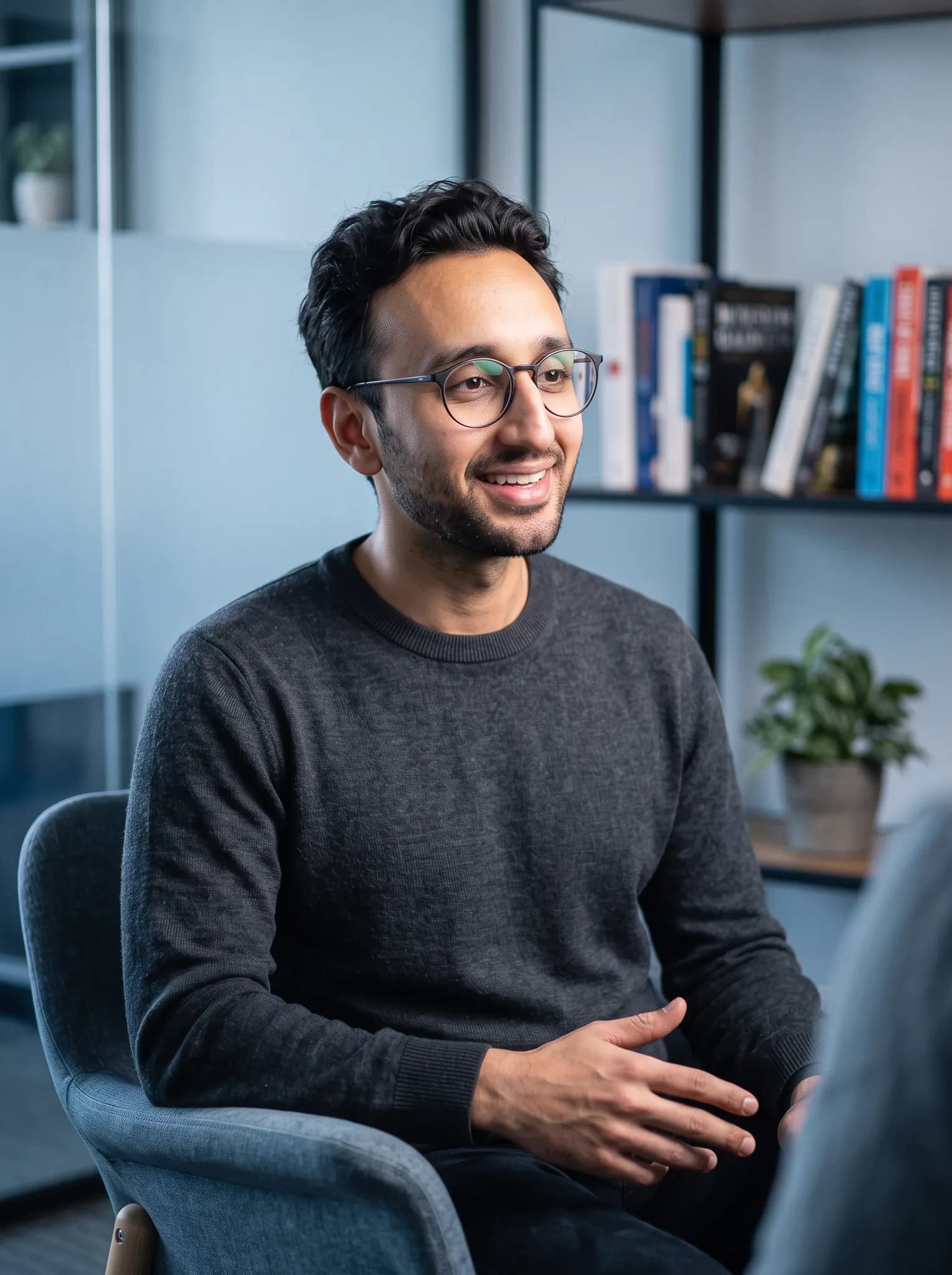 Entrepreneur seated at an angle during an interview